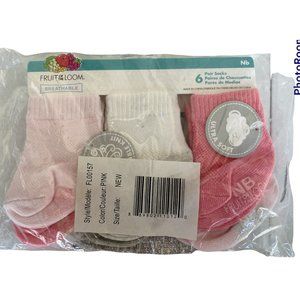 6 Pair Newborn Fruit of The Loom Pink/Gray Breathable Ankle Socks Grippers